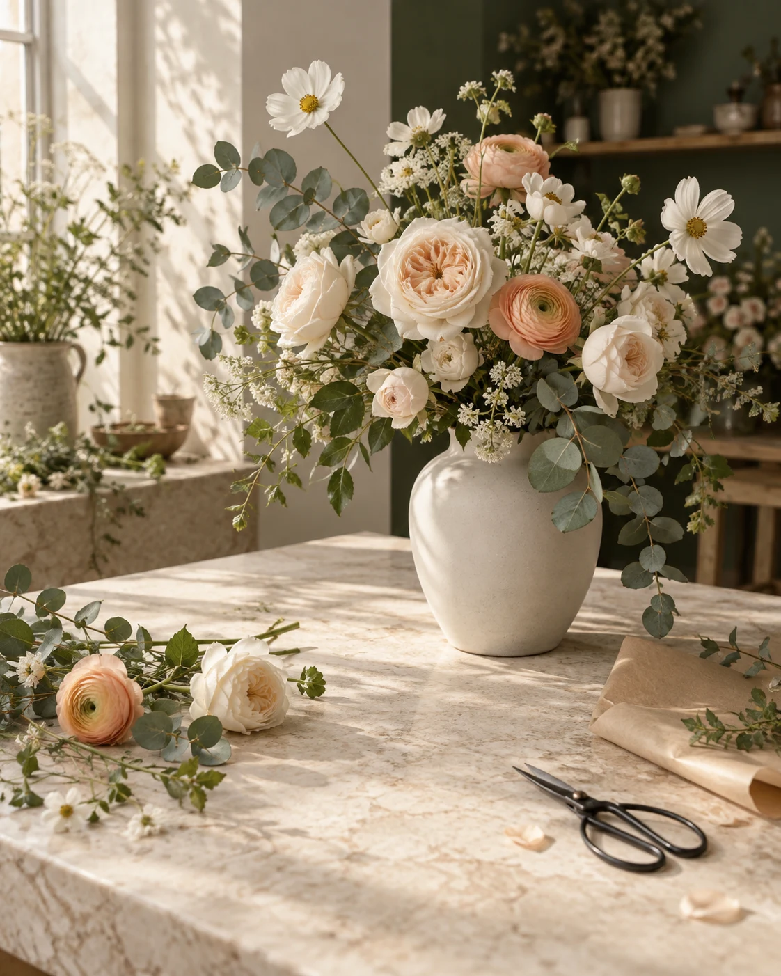 Bouquet crème et abricot dans un atelier floral, image éditoriale générée par l’IA